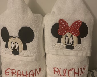 Mickey or Minnie Peek a Boo Hooded Bath Towels - size 4+ only, bath, pool, beach - personalized