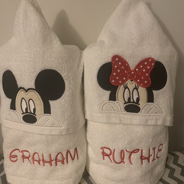 Mickey or Minnie Peek a Boo Hooded Bath Towels - size 4+ only, bath, pool, beach - personalized