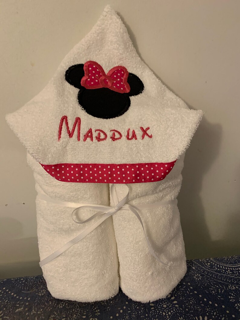 Minnie Applique Hooded Bath Towel Sizes NB-3 and 4/ personalized bath, pool, beach red or pink bow 3 ribbon choices image 3