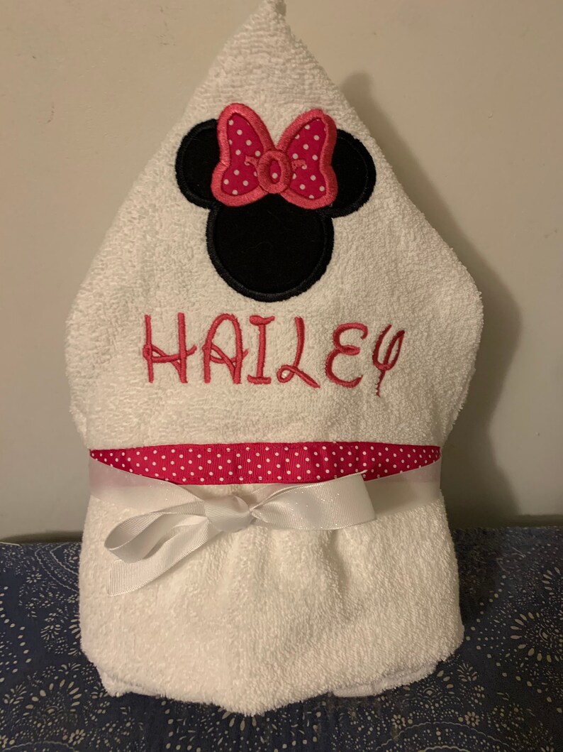 Minnie Applique Hooded Bath Towel Sizes NB-3 and 4/ personalized bath, pool, beach red or pink bow 3 ribbon choices image 4