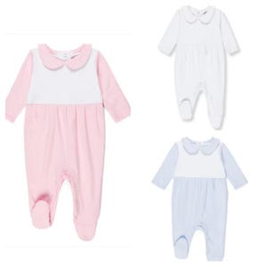 May include: Three baby onesies in pink, white, and light blue. Each onesie has a white collar and a white panel across the chest.
