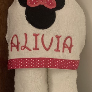 Minnie Applique Hooded Bath Towel Sizes NB-3 and 4/ personalized bath, pool, beach red or pink bow 3 ribbon choices image 10