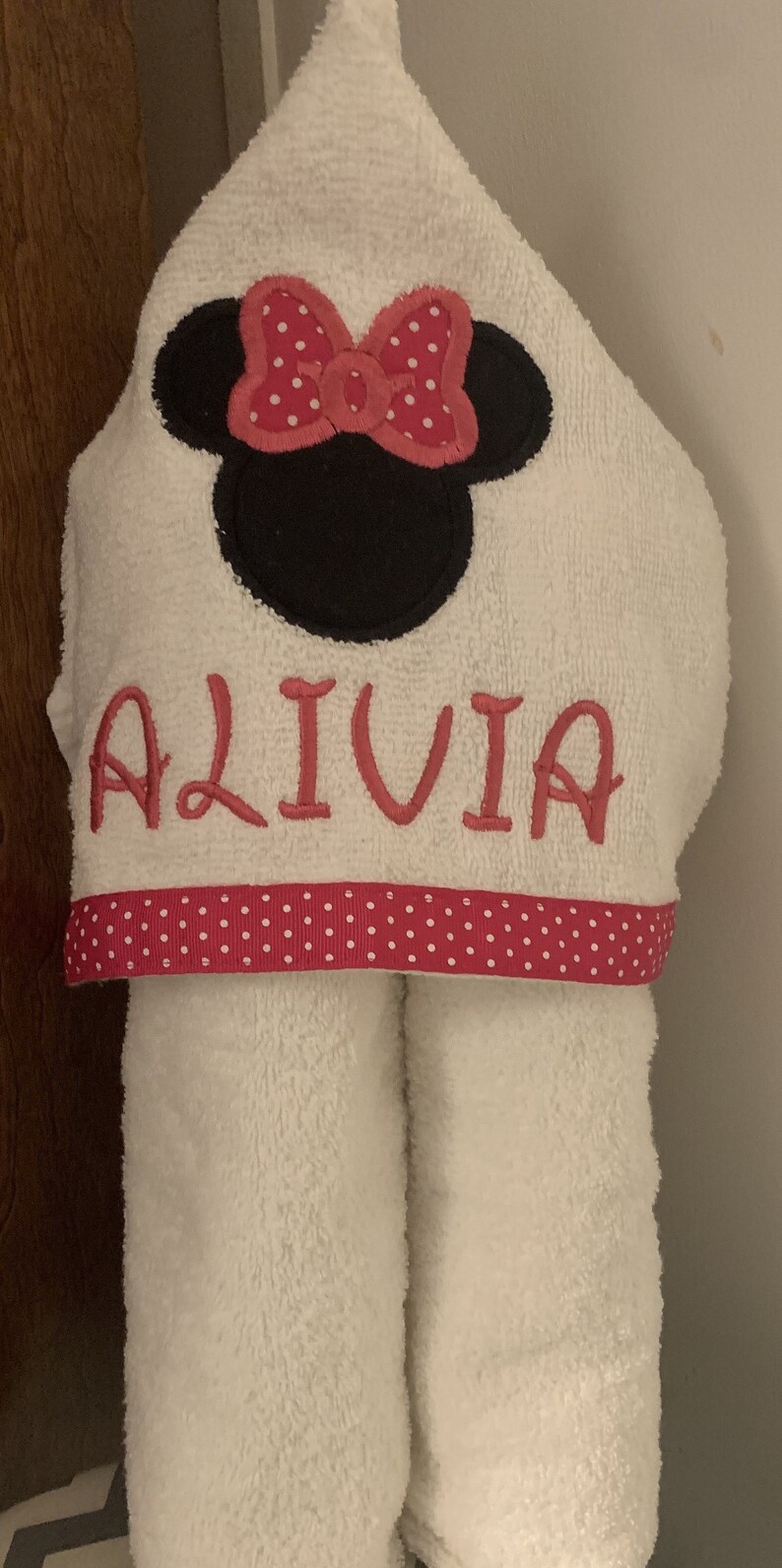 Minnie Applique Hooded Bath Towel Sizes NB-3 and 4/ personalized bath, pool, beach red or pink bow 3 ribbon choices image 10