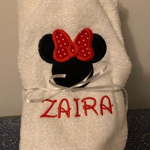 Minnie Applique Hooded Bath Towel Sizes NB-3 and 4/ personalized bath, pool, beach red or pink bow 3 ribbon choices image 9