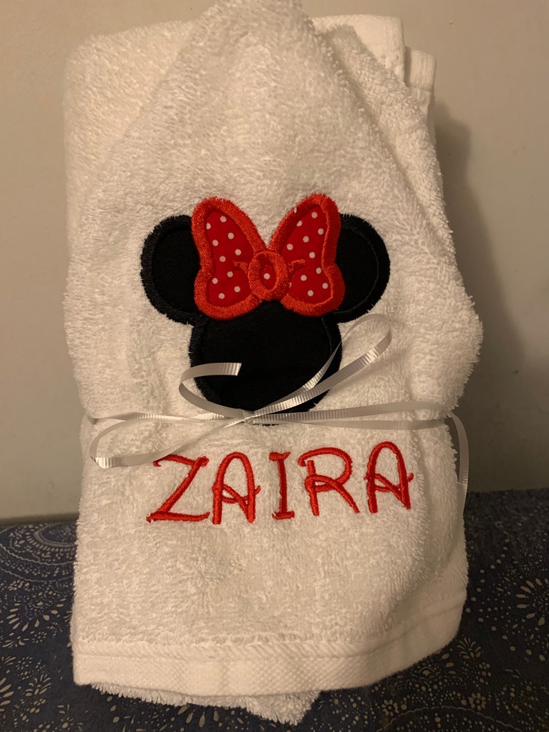 Minnie Applique Hooded Bath Towel Sizes NB-3 and 4/ personalized bath, pool, beach red or pink bow 3 ribbon choices image 9