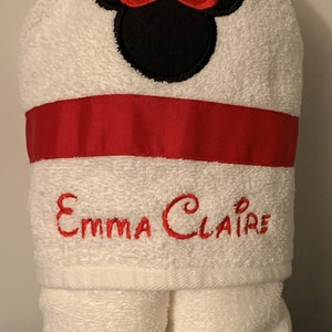 Minnie Applique Hooded Bath Towel Sizes NB-3 and 4/ personalized bath, pool, beach red or pink bow 3 ribbon choices image 7