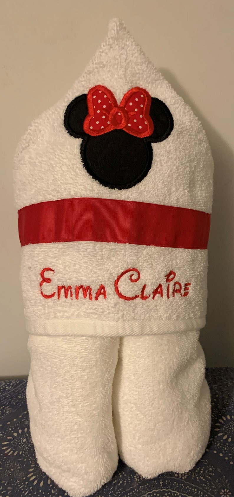 Minnie Applique Hooded Bath Towel Sizes NB-3 and 4/ personalized bath, pool, beach red or pink bow 3 ribbon choices image 7