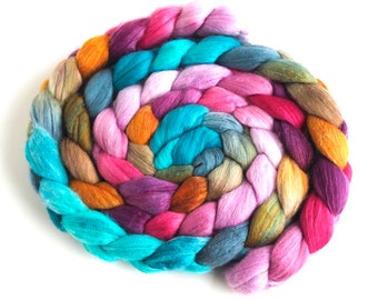 American Merino/ Cultivated Silk Roving (Top) - Handpainted Spinning or Felting Fiber, Radicchio