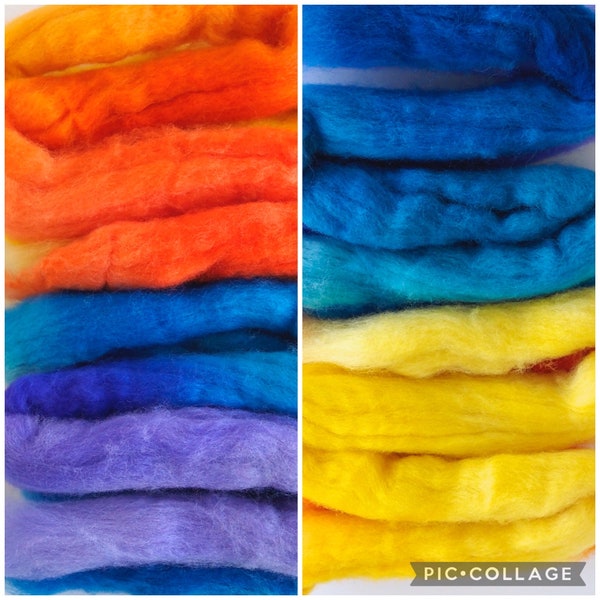 Falkland Wool Roving - Hand Dyed Spinning and Felting Fiber, Color Set 1, Orange, Blue, Violet, Yellow, 2.6 Ounces