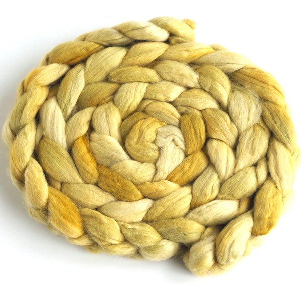 Organic Merino Wool, Hand Spinning Roving - Hand Dyed, Hand-Painted, Pale Gold