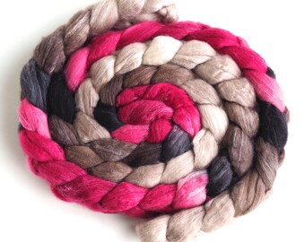 Superfine Merino/Silk Roving - Handpainted Spinning or Felting Fiber, 4 Ounces, Red Velvet