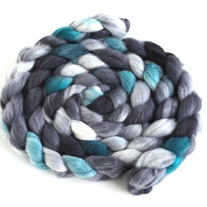 Superwash Merino/Nylon Roving - Handpainted Spinning Fiber, Grey and Teal