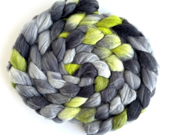 Superwash Merino/Nylon Roving - Hand Dyed Spinning Fiber, 4 oz, Slate and Chartreuse