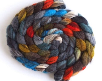 Mixed BFL Wool Roving, Hand Painted Spinning or Felting Fiber, Campfire Night