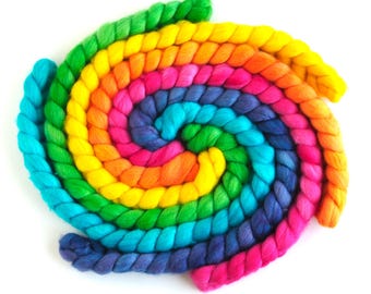 Corriedale Wool Roving - Hand Dyed Spinning and Felting Fiber, Sweet Rainbow