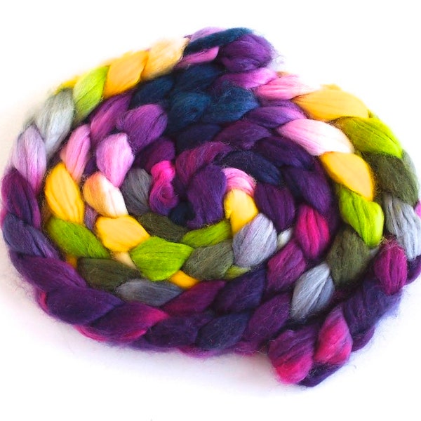 Superwash Merino/ Cashmere-Style Nylon Roving - Handpainted Spinning Fiber, Black Pansies