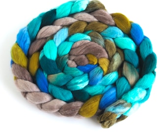 Organic Merino Wool, Hand Spinning Roving - Hand Dyed, Hand-Painted, Coastline Blues