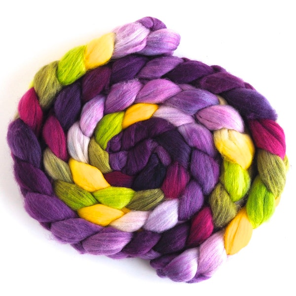 Superwash Merino/Nylon Roving - Hand-painted Spinning Fiber, Black Pansies