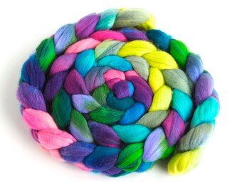 Rambouillet Wool Hand Spinner's Roving - Hand Painted Colorway, Flash of Joy