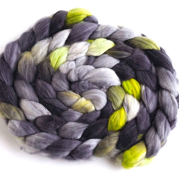 Superwash Merino/ Cashmere-Style Nylon Roving - Handpainted Spinning Fiber, Slate and Chartreuse