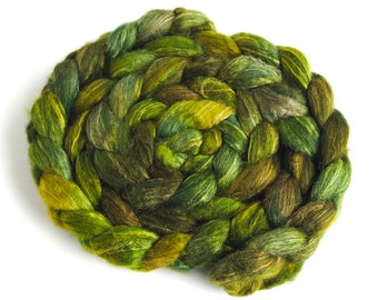 BFL/Silk Roving - Handpainted Spinning or Felting Fiber, Falling for Green