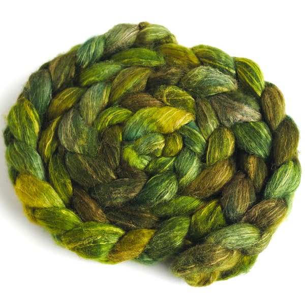 BFL/Silk Roving - Handpainted Spinning or Felting Fiber, Falling for Green