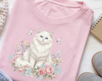 Elegante weiße persische Katze T-Shirt - Blumenästhetik weiße Katzen T-Shirt - Pastell Garten Kätzchen Shirt - Vintage Style Blumenkatzengeschenk für Frauen