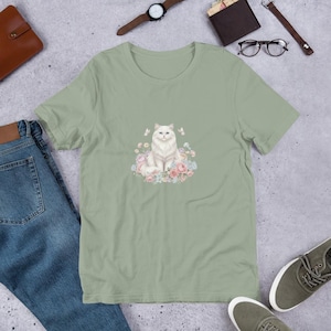 Elegant White Persian Cat T-Shirt - Floral Aesthetic White Cat Tee - Pastel Garden Kitten Shirt - Vintage Style Floral Cat Gift for Women
