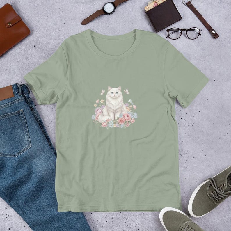 Elegant White Persian Cat T-Shirt - Floral Aesthetic White Cat Tee - Pastel Garden Kitten Shirt - Vintage Style Floral Cat Gift for Women