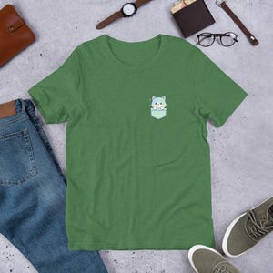 Kawaii Pocket Cat T-Shirt - Cute Pastel Kitty Aesthetic Tee, Soft Girl Clothes, Minimalist Animal Lover Gift, Japanese Harajuku Style Shirt