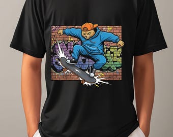 Skater Cat T-Shirt - Urban Streetwear Cat Hoodie - Retro Skateboarder Graphic Tee - 90s Style Graffiti Wall Art Shirt - Cool Pet Lover Gift