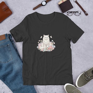 Elegant White Persian Cat T-Shirt - Floral Aesthetic White Cat Tee - Pastel Garden Kitten Shirt - Vintage Style Floral Cat Gift for Women