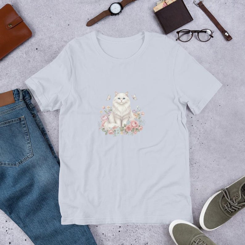 Elegant White Persian Cat T-Shirt - Floral Aesthetic White Cat Tee - Pastel Garden Kitten Shirt - Vintage Style Floral Cat Gift for Women