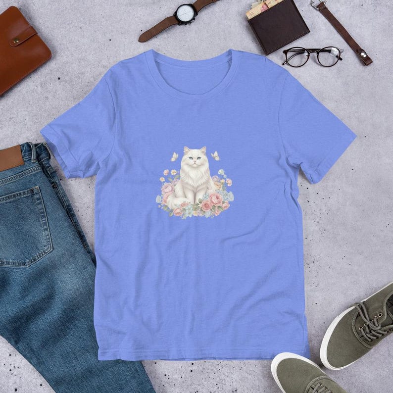 Elegant White Persian Cat T-Shirt - Floral Aesthetic White Cat Tee - Pastel Garden Kitten Shirt - Vintage Style Floral Cat Gift for Women