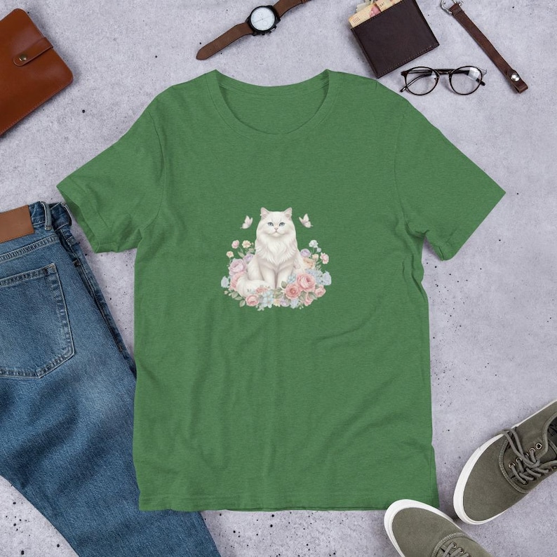 Elegant White Persian Cat T-Shirt - Floral Aesthetic White Cat Tee - Pastel Garden Kitten Shirt - Vintage Style Floral Cat Gift for Women