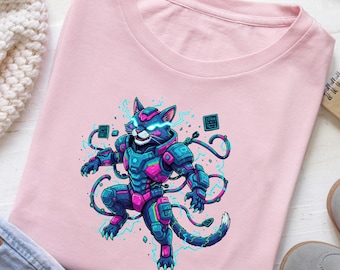 Cyberpunk Kampfkatze T-Shirt | Neon Mech Krieger T-Shirt