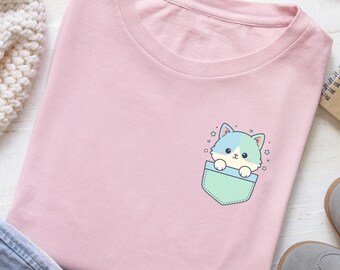 Kawaii Pocket Cat T-Shirt - Cute Pastel Kitty Aesthetic Tee, Soft Girl Clothes, Minimalist Animal Lover Gift, Japanese Harajuku Style Shirt