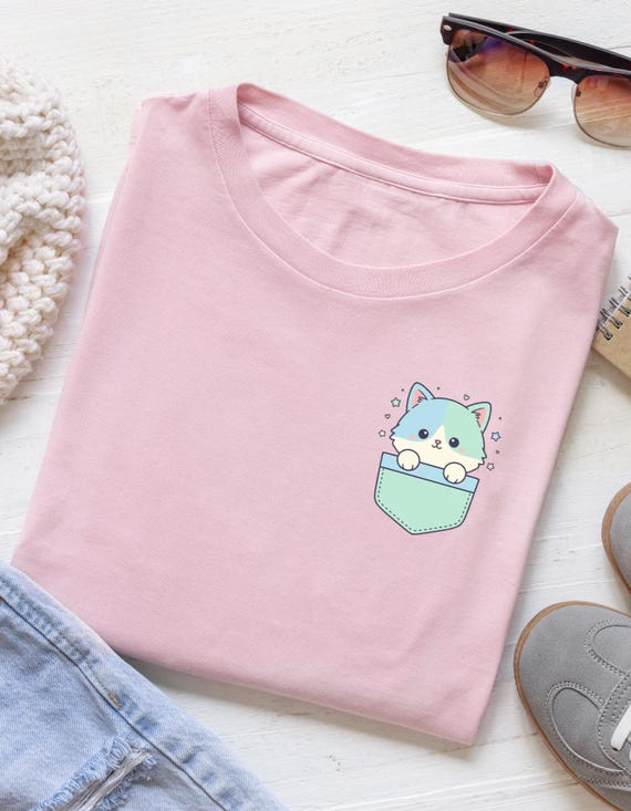 Kawaii Pocket Cat T-Shirt - Cute Pastel Kitty Aesthetic Tee, Soft Girl Clothes, Minimalist Animal Lover Gift, Japanese Harajuku Style Shirt