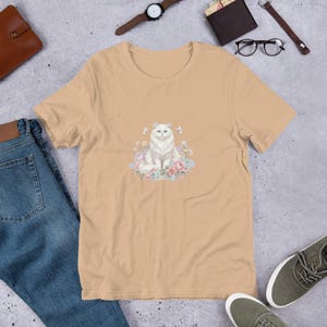 Elegant White Persian Cat T-Shirt - Floral Aesthetic White Cat Tee - Pastel Garden Kitten Shirt - Vintage Style Floral Cat Gift for Women