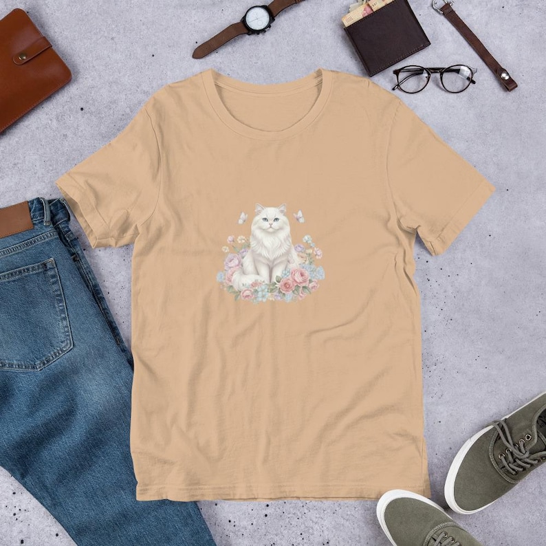 Elegant White Persian Cat T-Shirt - Floral Aesthetic White Cat Tee - Pastel Garden Kitten Shirt - Vintage Style Floral Cat Gift for Women
