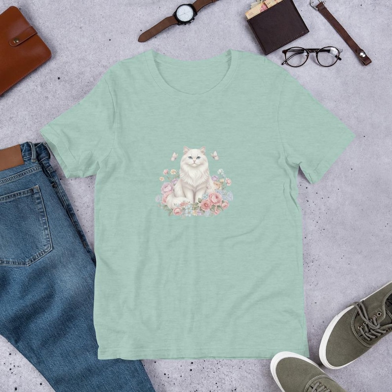Elegant White Persian Cat T-Shirt - Floral Aesthetic White Cat Tee - Pastel Garden Kitten Shirt - Vintage Style Floral Cat Gift for Women