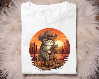 Grumpy Cowboy Cat T-Shirt - Funny Western Cat Riding Rocking Horse Tee - Retro Desert Sunset Kitten Shirt - Cute Cowboy Gift for Cat Lovers