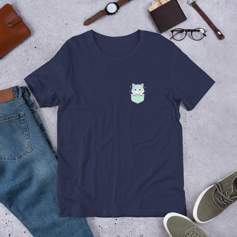 Kawaii Pocket Cat T-Shirt - Cute Pastel Kitty Aesthetic Tee, Soft Girl Clothes, Minimalist Animal Lover Gift, Japanese Harajuku Style Shirt