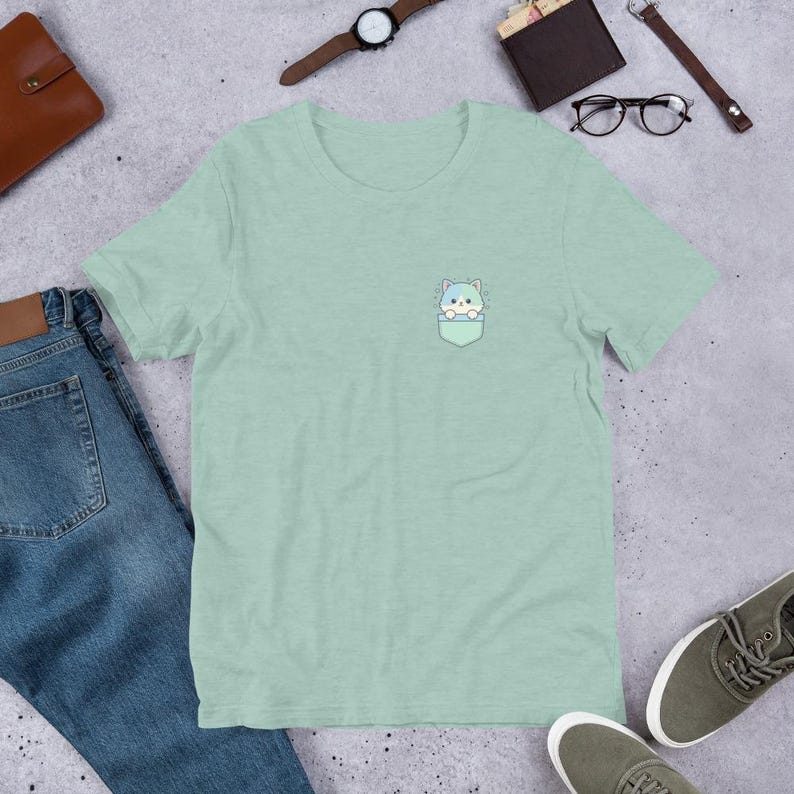 Kawaii Pocket Cat T-Shirt - Cute Pastel Kitty Aesthetic Tee, Soft Girl Clothes, Minimalist Animal Lover Gift, Japanese Harajuku Style Shirt