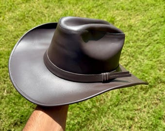 Brown Leather Cowboy Hat, Cutter Crease Western Outback Hat, Wide Brim Rancher Style