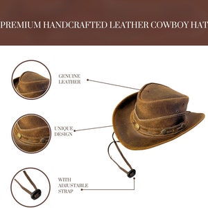 May include: A brown leather cowboy hat with a wide brim and an adjustable strap. The hat has a unique design with stitching details and a brown leather band around the crown. The hat is made of genuine leather.