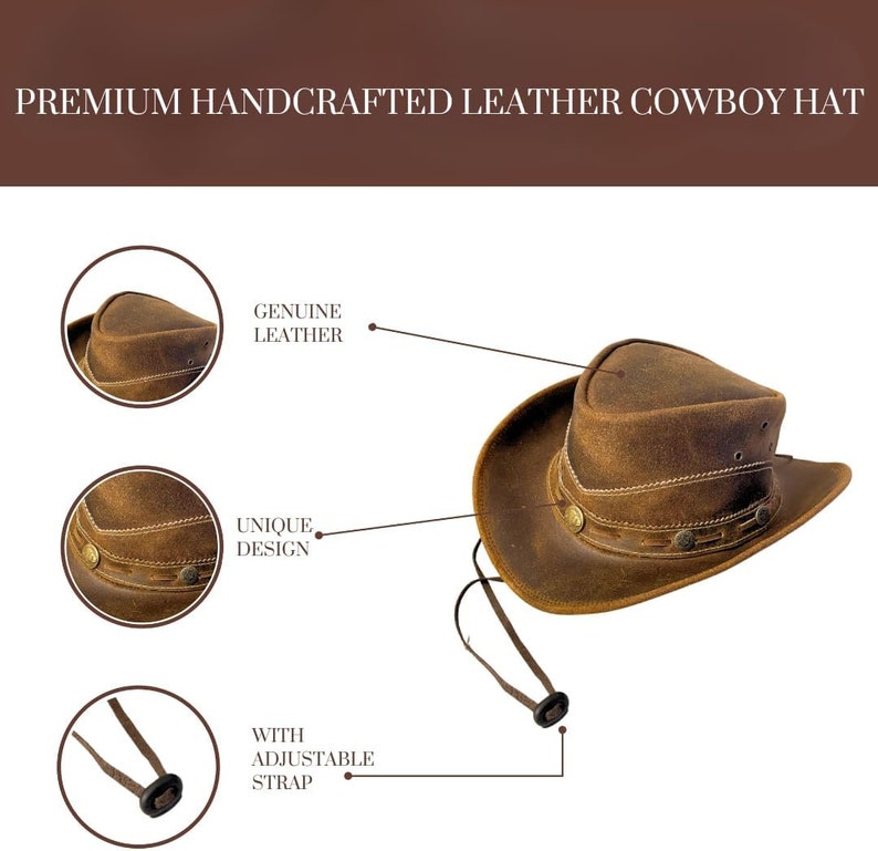 May include: A brown leather cowboy hat with a wide brim and an adjustable strap. The hat has a unique design with stitching details and a brown leather band around the crown. The hat is made of genuine leather.