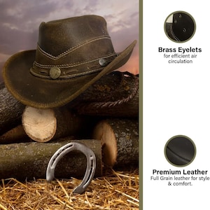 May include: A brown leather cowboy hat with a distressed finish. The hat has a wide brim and a tall crown. It features brass eyelets for ventilation and a leather band with a metal buckle. The hat is photographed on a pile of wood logs and straw.