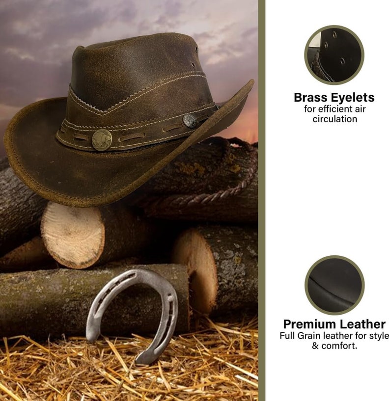 May include: A brown leather cowboy hat with a distressed finish. The hat has a wide brim and a tall crown. It features brass eyelets for ventilation and a leather band with a metal buckle. The hat is photographed on a pile of wood logs and straw.