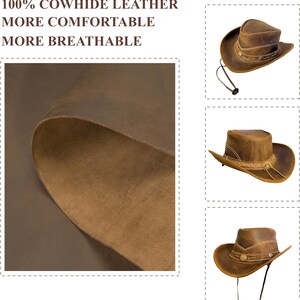 May include: Close-up of brown leather showing the texture and grain.  100% Cowhide Leather, More Comfortable, More Breathable.  Three images of a brown leather cowboy hat with a brown leather band and a decorative metal buckle.
